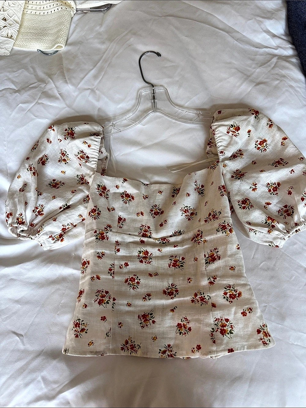 Reformation Alice Linen Top Floral Puff Sleeve Crop Top White & Orange Size 2